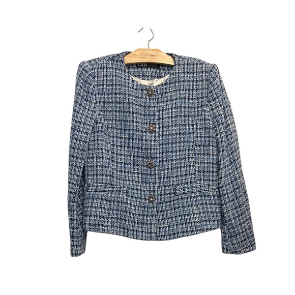 Zara Blue Tweed Blazer with Button Detail - Picture 4 of 8